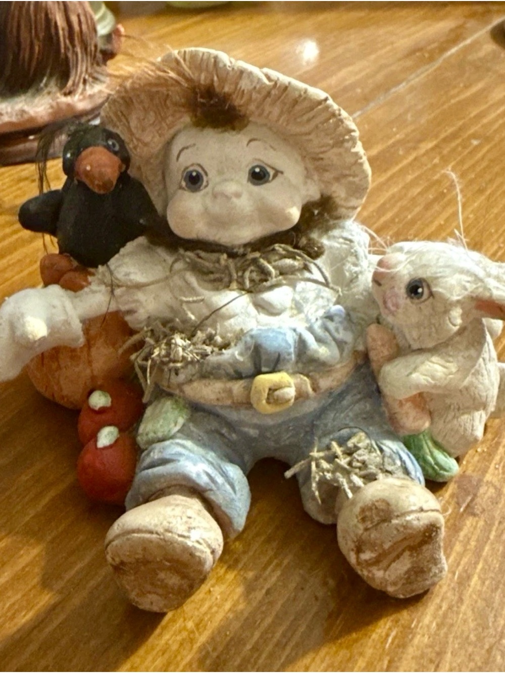Autumn Harvest Figurine with Bunny and Crow — Blue and Cream Seasonal Decor